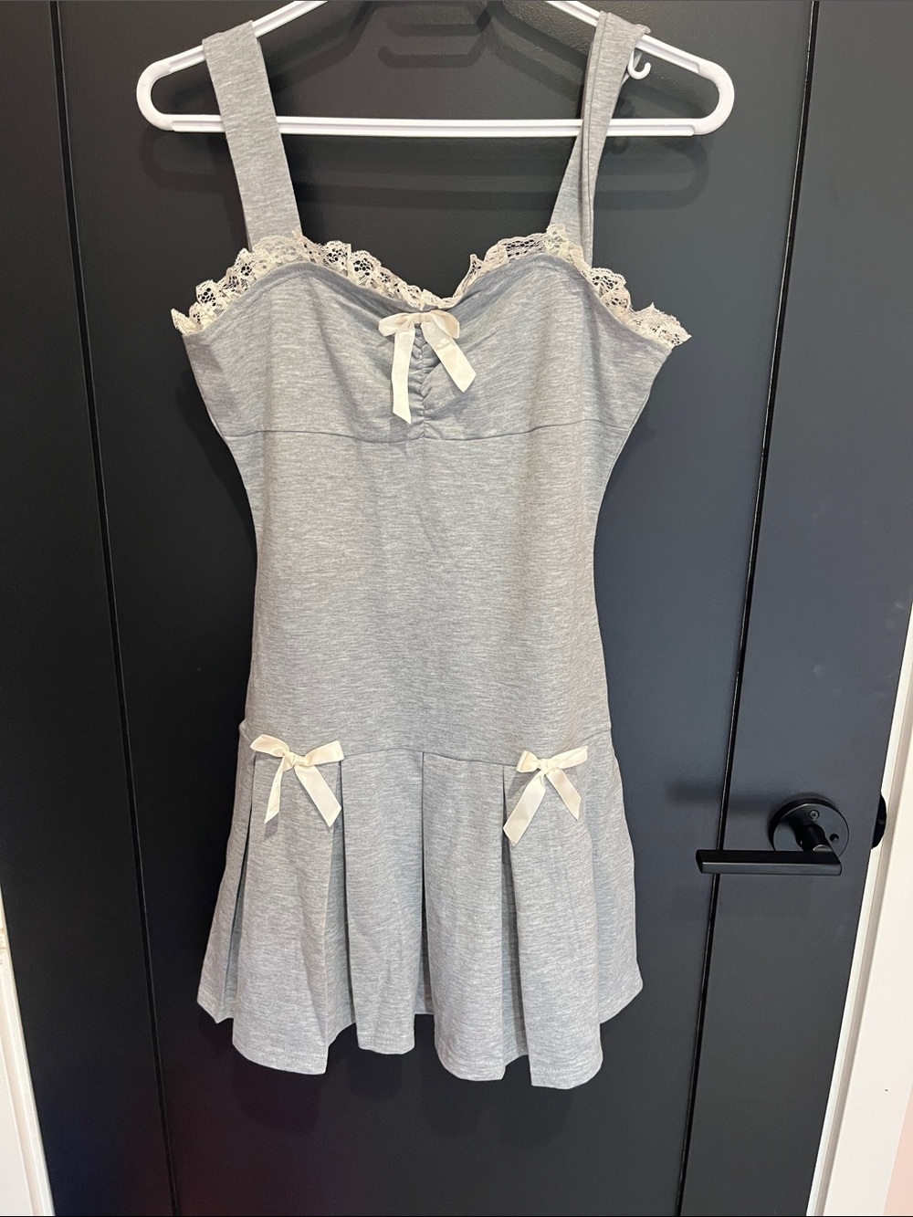 Sleeveless Mini Dress with Lace Trim and Bows - Light Gray